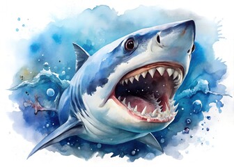 A watercolor painting of a great white shark with its mouth open, showcasing its sharp teeth, isolated on white background, creating a dynamic and fierce image