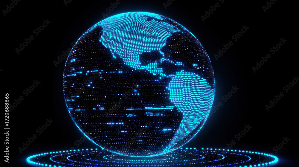Poster data visualization of glowing digital globe highlights network connectivity and futuristic technolog