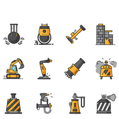 A comprehensive collection of diverse industrial tools and construction equipment icons, perfect for illustrating various engineering, building, and demolition processes.