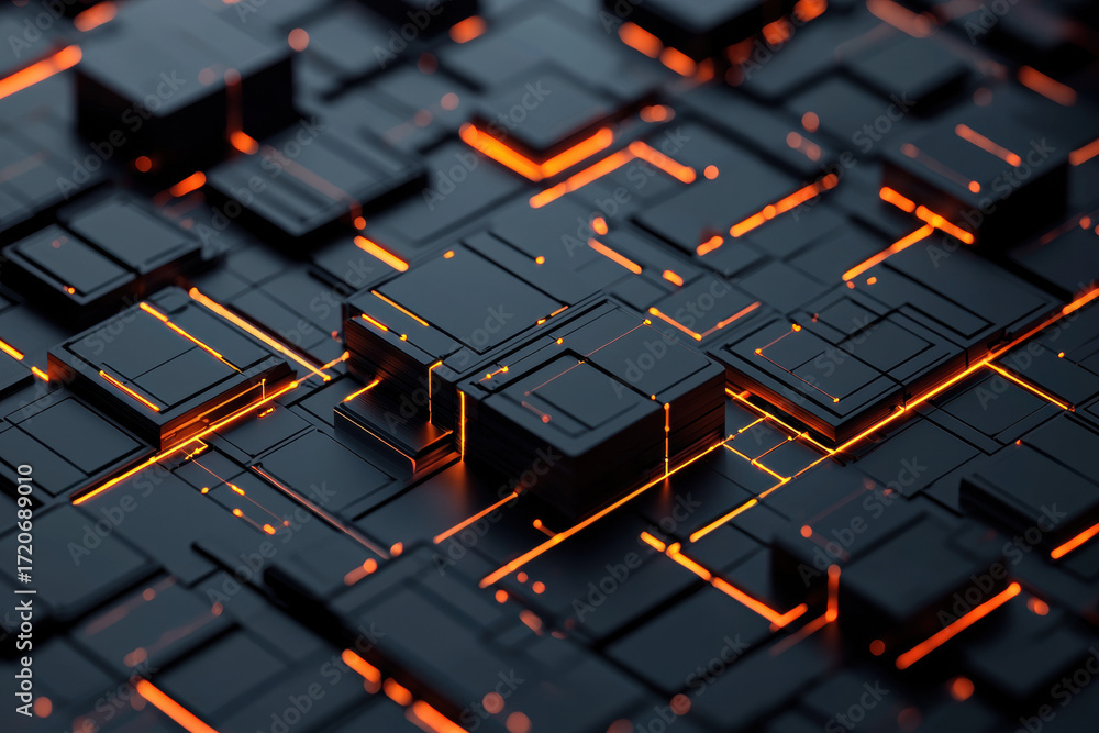 Poster data visualization connectivity network concept with glowing orange lines and futuristic black geome