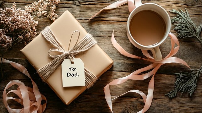 Thoughtful father's day gift box wrapped with ribbon next to a warm cup of coffee and rustic decorations for a special dad