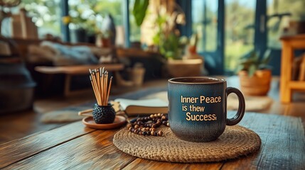 A cozy morning scene with a steaming coffee mug displaying the quote inner peace is the new success surrounded by inspiring decor elements promoting tranquility and well being
