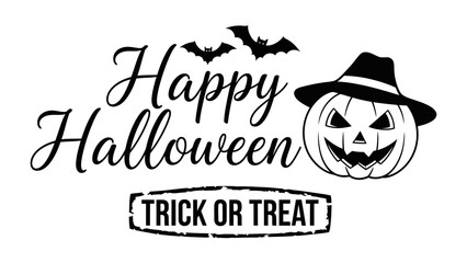 Happy Halloween Wishes: A creative, handcrafted, spooky image of Happy Halloween message, with a Jack-o'-lantern wearing a hat, and flying bats set on a white background.