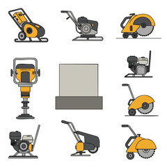 Fototapeta premium A comprehensive vector icon set illustrating essential heavy construction equipment, featuring plate compactors, tamping rammers, and powerful concrete cutting saws.