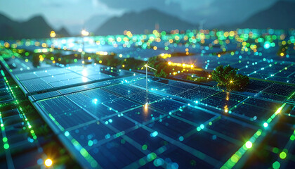 Obraz premium Solar Panel Technology: A panoramic view of a modern solar farm, showcasing rows of gleaming photovoltaic panels. The image is bathed in the cool glow of the evening.