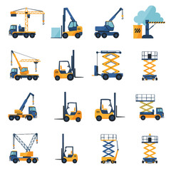 Flat design vector icons of construction and industrial machinery: cranes, forklifts, and aerial work platforms, crucial for building and logistics.