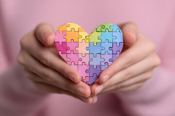 Hands holding jigsaw puzzle heart shape in brain Autism awareness, neurodiversity concept, World Autism Awareness Day