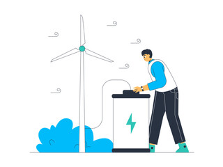 Fototapeta premium Windmills can be used as backup energy in producing electrical energy. Green energy vector illustration. Flat illustration.