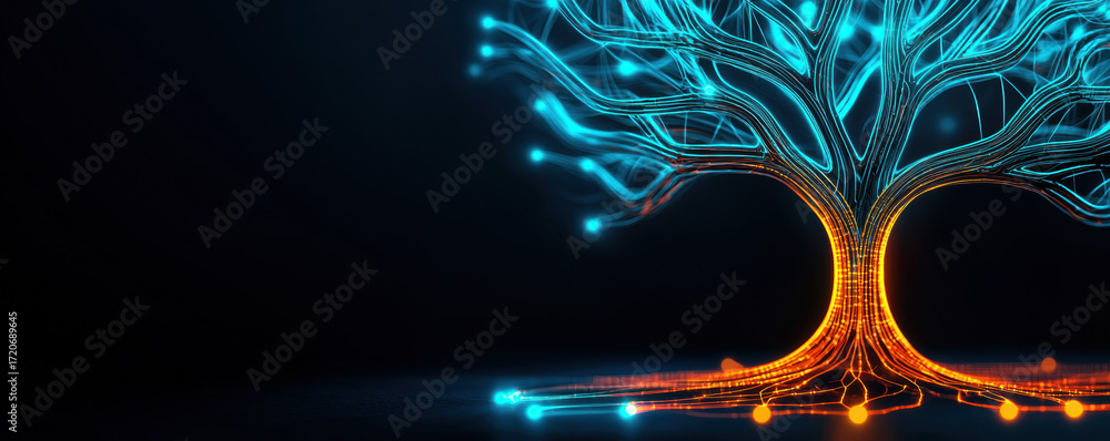 Poster data visualization tree with glowing network branches symbolizes digital connectivity and futuristic