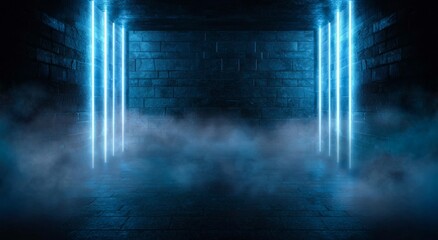 Abstract Blue Neon Lit Brick Room with Fog