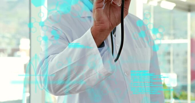 Doctor noticing holographic medical code flickering and lifting stethoscope head for examining data