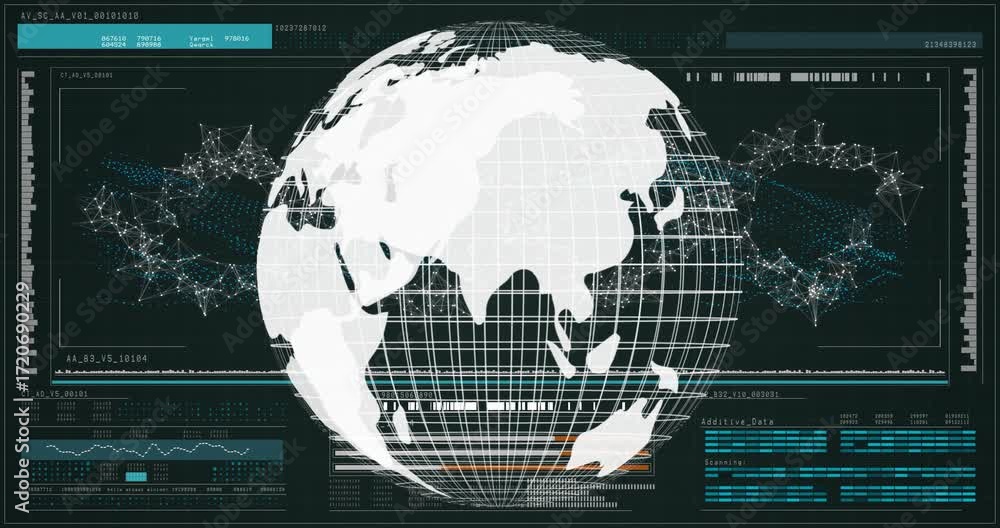 Aufkleber upon startup, 3d globe rotating revealing continents while panels updating data for monitoring