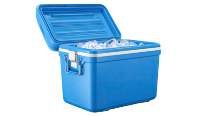 blue portable ice chest cooler box opened on white background