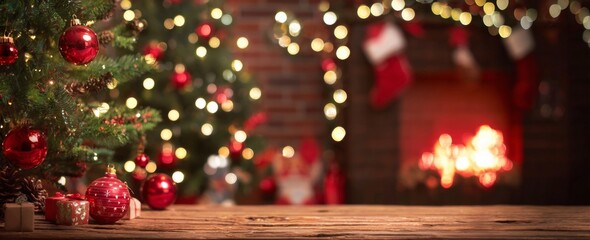 Christmas Tree with Ornaments and Fireplace Background.