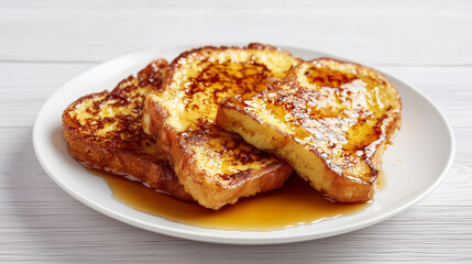 とろりとしたメープルシロップが美味しそうな白い皿に乗ったフレンチトースト
