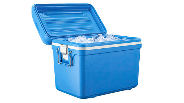 blue portable ice chest cooler box opened on white background