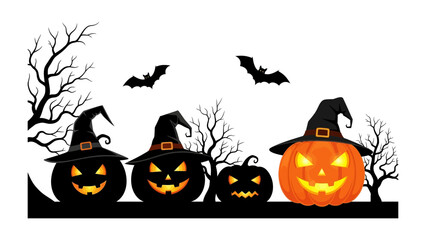 Spooky Halloween pumpkins and bats: A bewitching illustration of jack-o'-lanterns illuminated by flickering candlelights, wearing traditional witch hats, casting eerie shadows beneath a shadowy sky.