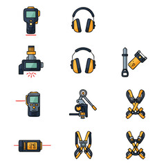 An essential compilation of modern industrial safety equipment and precise measurement tools, presented as clean vector icons for professional use.
