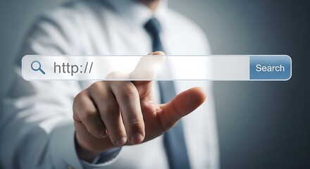 Professional businessman touching search bar on virtual interface for online browsing and internet connectivity, symbolizing digital accessibility and data retrieval