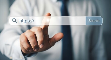 Modern professional accessing website through search bar for online business solutions, creating dynamic web presence and boosting digital marketing strategy