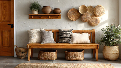 Home entryway with wooden bench, hanging baskets, and decorative bowls showcasing a minimalistic style and cozy atmosphere