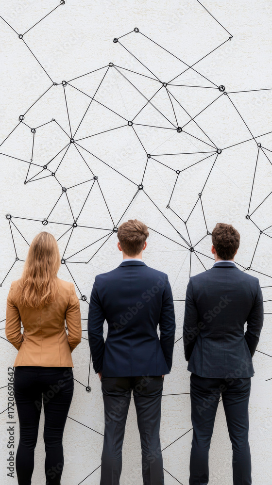 Poster data visualization and network connectivity concept with business professionals analyzing abstract l