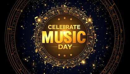 Gold musical notes and symbols surround a dark banner promoting Music Day
