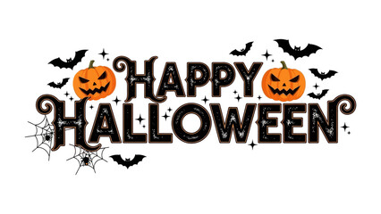 Happy Halloween Wishes: A spirited and playful graphic design, showcasing the phrase Happy Halloween adorned with classic spooky symbols – pumpkins, bats.