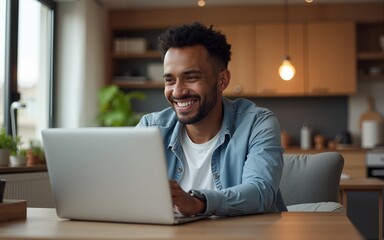Happy hispanic man working on laptop at home. High quality
