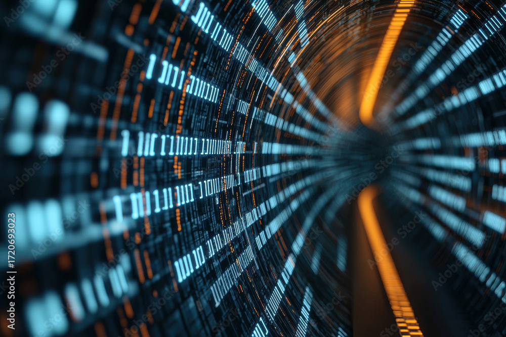 Poster futuristic data visualization tunnel with glowing connectivity lines and network nodes creating dyna