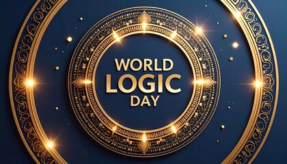 Gold ornate circle frame on dark blue background, celebrating World Logic Day