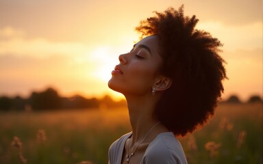 Mixed race woman relax and breathing fresh air outdoor at sunset. High quality