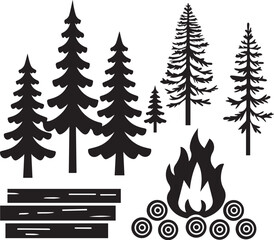 Obraz premium Campfire Silhouette in Nature: The illustration presents a campfire with a pile of wood and towering coniferous trees silhouetted against the background, a symbol of wilderness and outdoor adventure.