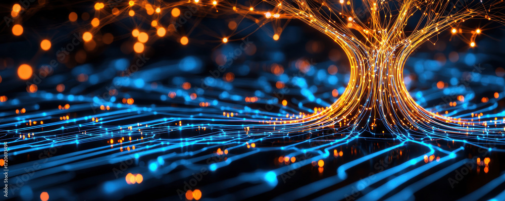 Poster data visualization connectivity network glowing lines digital tree abstract technology background bl
