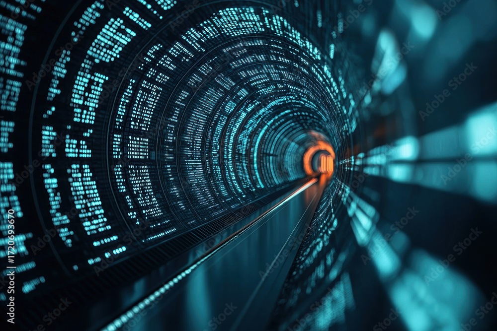 Poster futuristic data visualization tunnel with glowing blue network connectivity lines and digital inform