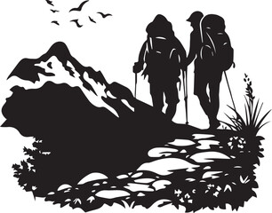 Mountain Ascent Silhouette: Two hikers navigate a rugged mountain trail, their silhouettes against a backdrop of majestic peaks and soaring birds.