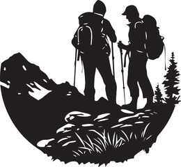 Silhouette of Hikers Exploring a Rugged Landscape: Two determined hikers, silhouetted against the breathtaking panorama, venture across challenging terrains, their backpacks laden with essential gear.