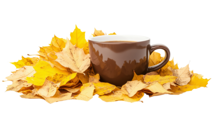 Coffee cup sits on a pile of yellow leaves, created with AI, PNG