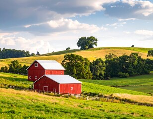Scenic rural landscape with red barns