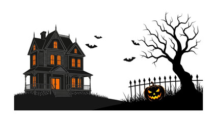 Spooky Halloween House: Silhouette of a creepy haunted house with carved jack-o'-lantern and ominous silhouettes, creates a perfect Halloween scene.