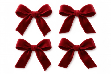 Red velvet bows for festive celebration decorations, adding elegance to christmas gifts and presents on transparent background