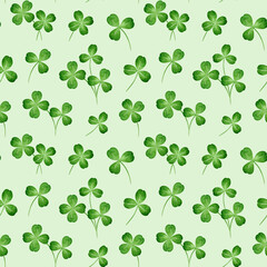 Clover leaf on green background seamless pattern design element. Hand drawn shamrock leaves watercolor illustration floral decoration. Perfect for Irish theme design, paper wrapping