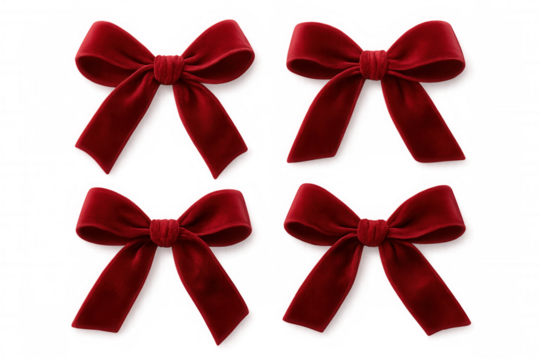 Red velvet bows for festive celebration decorations, adding elegance to christmas gifts and presents on transparent background