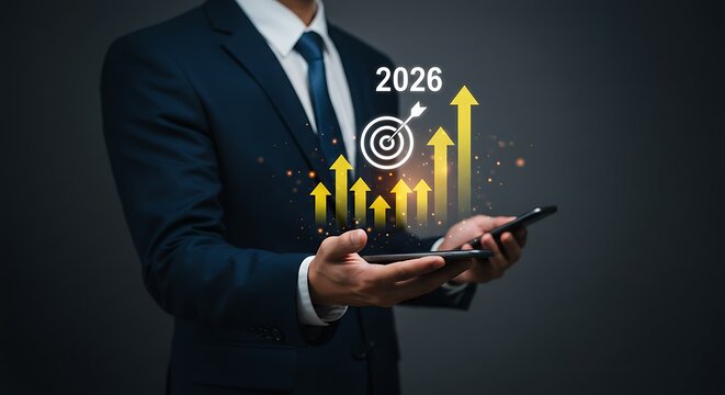 Businessman holding a smartphone with a digital overlay showing a growth chart target and the year 2026 symbolizing future success and strategic planning