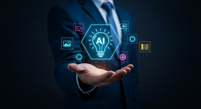 Businessman holding a glowing hexagonal icon representing artificial intelligence and innovation with surrounding digital interface elements - Powered by Adobe