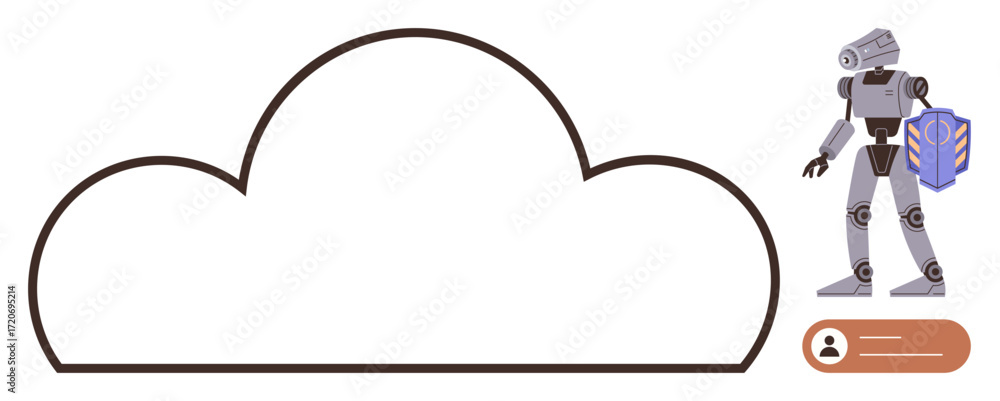 Poster cloud outline paired with a futuristic robot holding a shield symbolizing digital safety. ideal for 