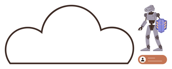 Cloud outline paired with a futuristic robot holding a shield symbolizing digital safety. Ideal for cybersecurity, cloud computing, data protection, innovation, technology, artificial intelligence
