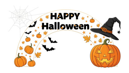 Halloween Decorations: A cheerful pumpkin with a spooky face, alongside a classic witch hat, bats, and autumnal leaves, all within a festive Halloween setting, evoking spooky atmosphere.
