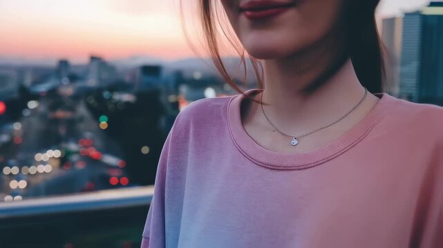 Medium shot of a person wearing a loosefitting unisex pastel shirt with blurred urban background highlighting the soft colors and comfortable silhouette.