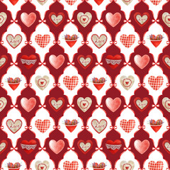 Valentine Day mood seamless pattern tile order decoration element. Hand drawn red hearts vintage style watercolor illustration. Perfect for romantic designs, holiday decor and gift wrapping project